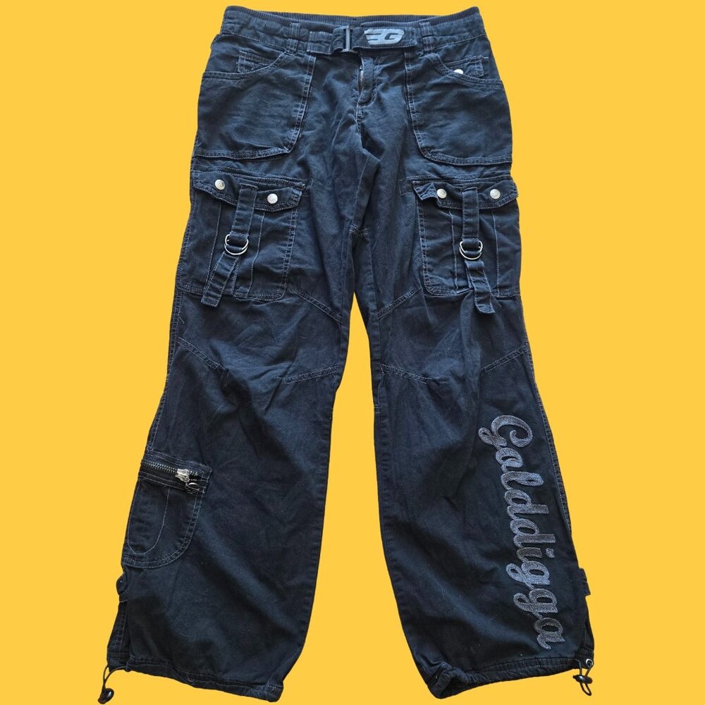 Y2K Golddigga Black Baggy Cargo pants Size 28 Punk Goth Rave Skater Grunge